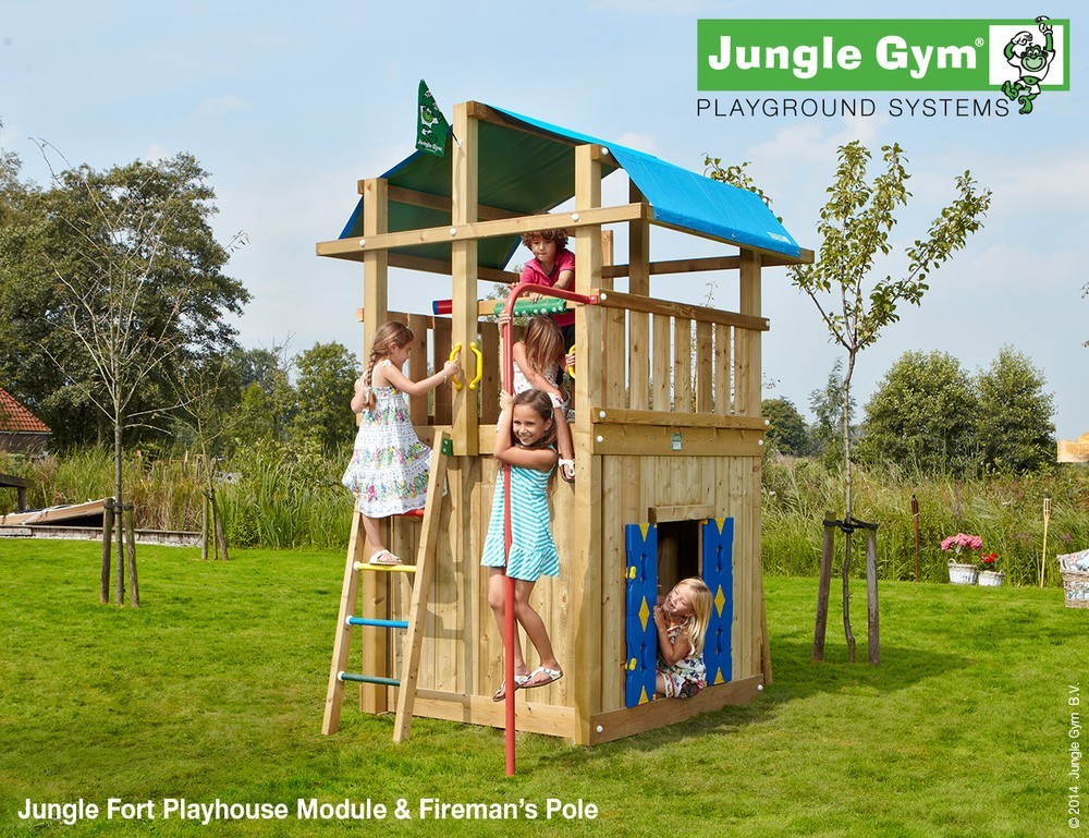 The Jungle Gym Fort Playhouse and Fireman’s Pole Climbing Frame